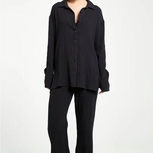 [M]BOA Because of Alice Dark Crinkled Textured Gauzy Button-Up Shirt Slits